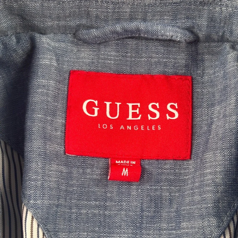 Guess Blazer Size Medium Blue Chambray Cotton Two Button Sport Coat Mens